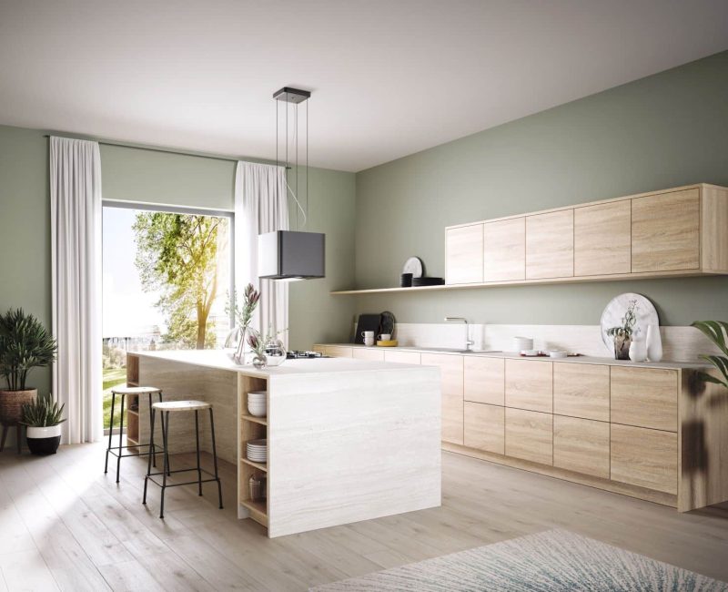 Cuisine moderne en bois et blanc avec un îlot central