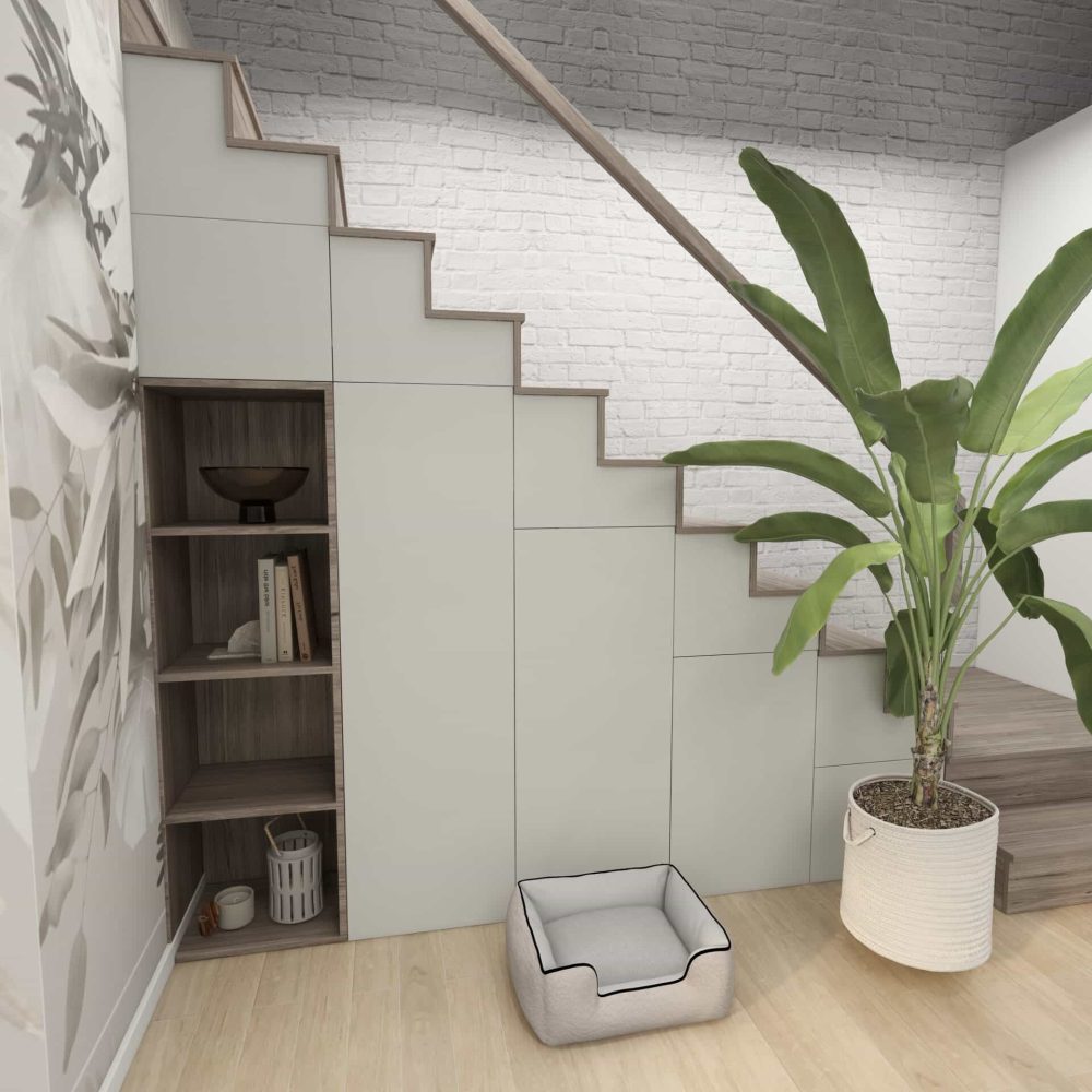 Rangement sur mesure vert sous escalier 4 vantaux style moderne