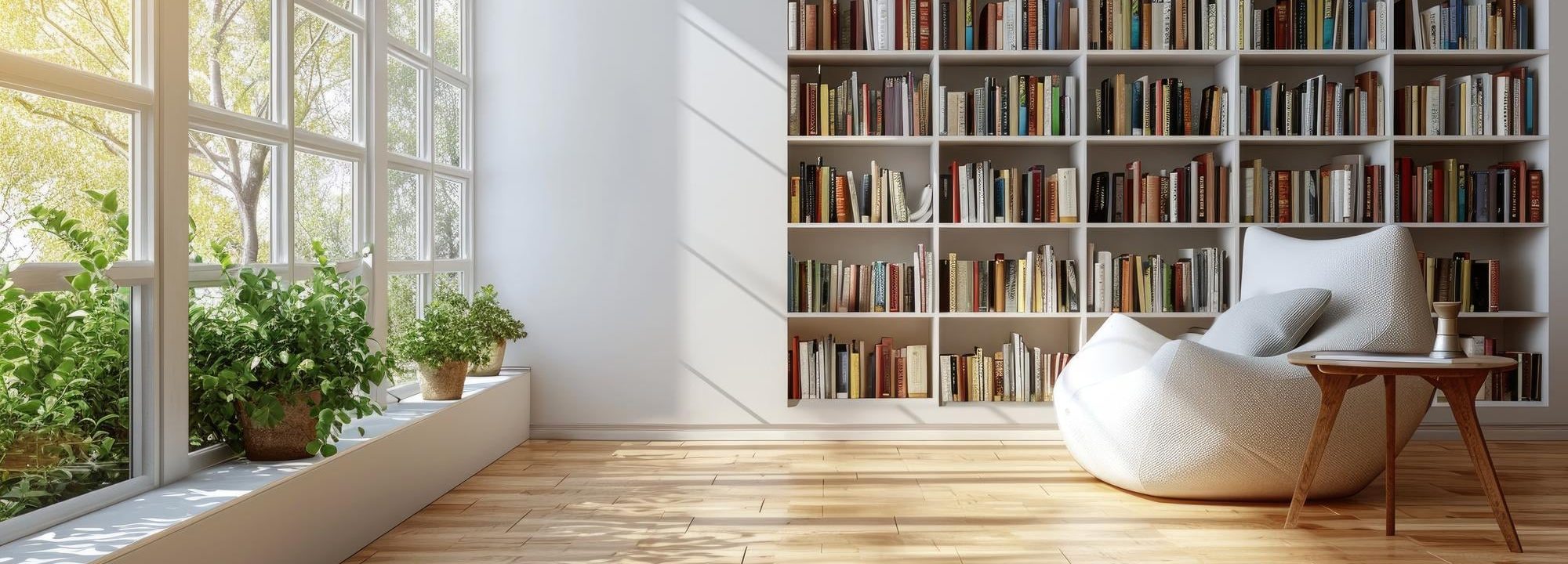Bibliothèque encastrée dans le mur à côté d’une baie vitrée pour un espace lumineux et harmonieux