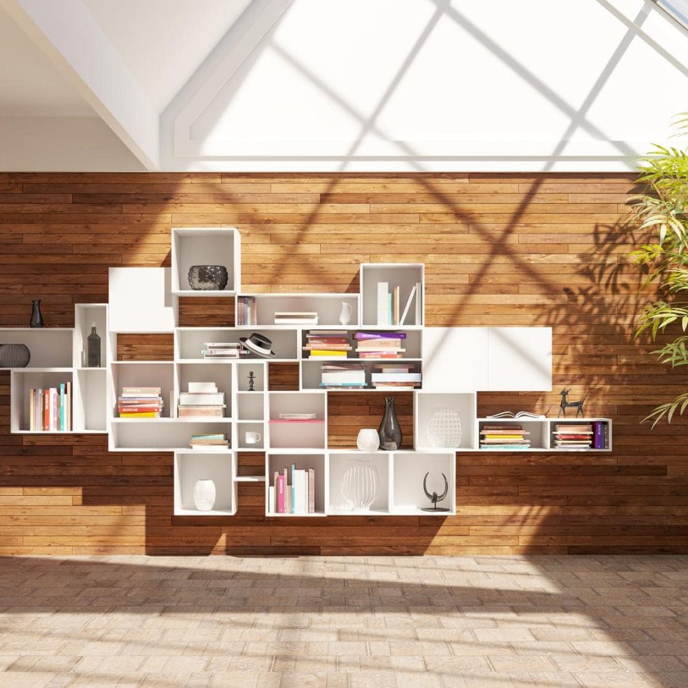 Bibliothèque murale design suspendue sur un mur effet bois pour une touche contemporaine et naturelle