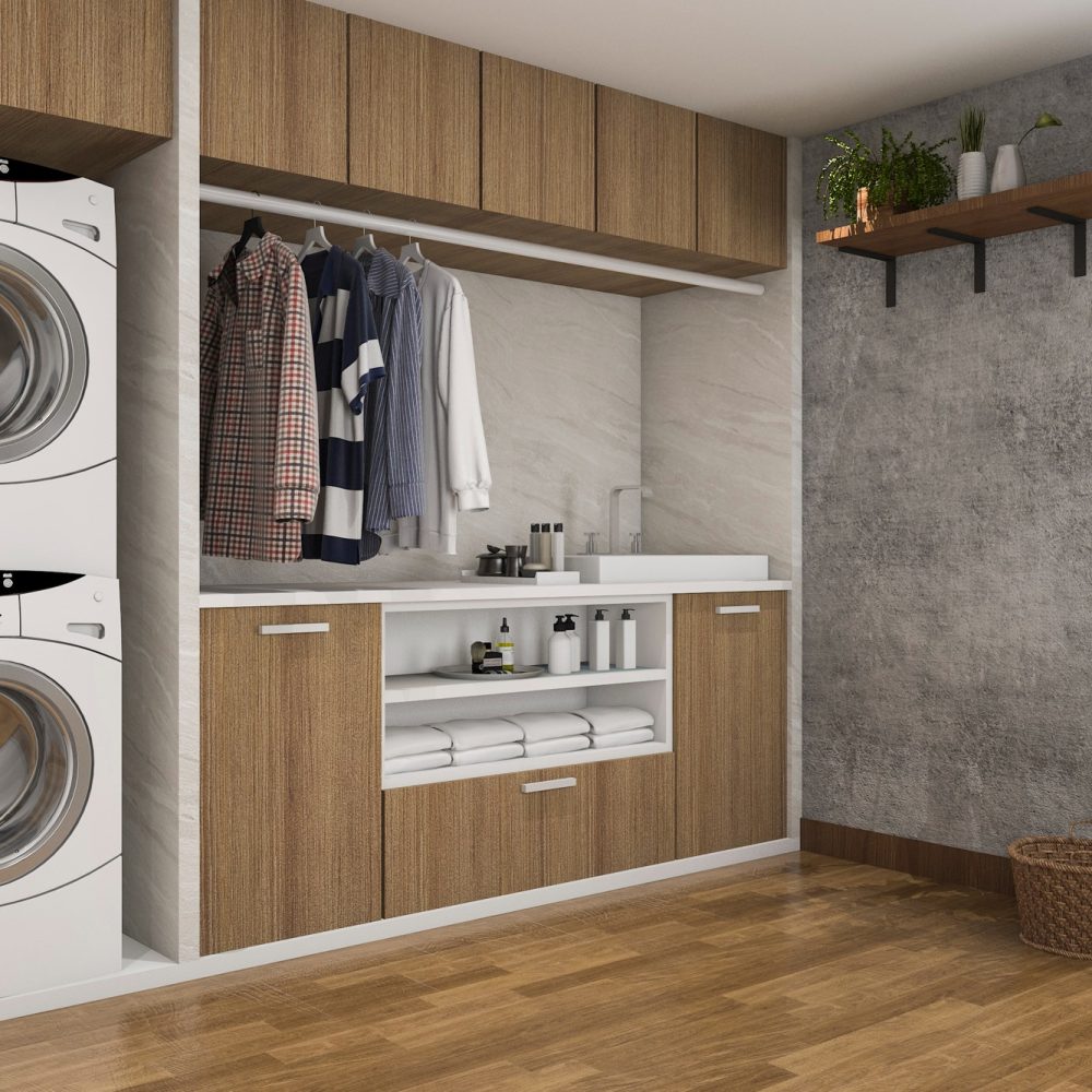 buanderie contemporaine agencée avec meubles de rangement, plans de travail et appareils électroménagers intégrés