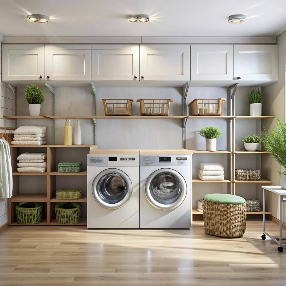 buanderie équipée de rangements sur mesure optimisant chaque recoin avec placards, étagères et meubles intégrés
