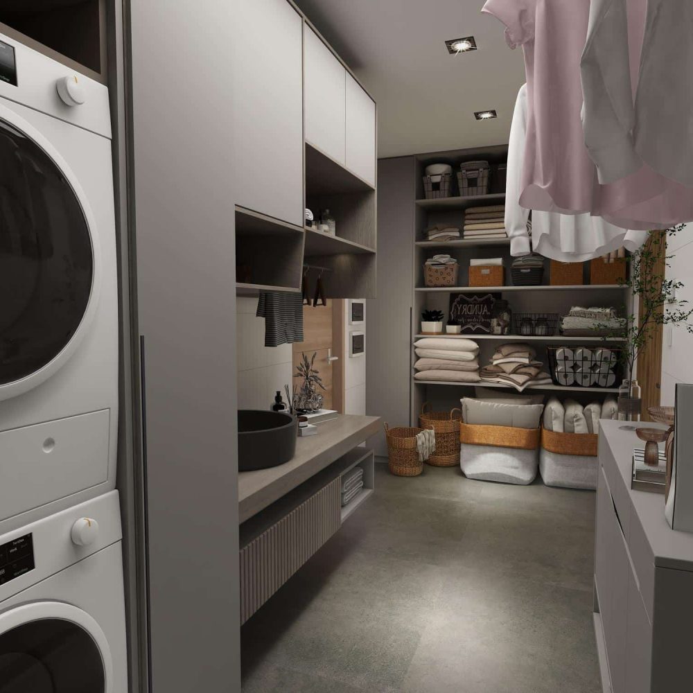 buanderie contemporaine aménagée avec des meubles sur mesure gris offrant un espace de rangement élégant et fonctionnel