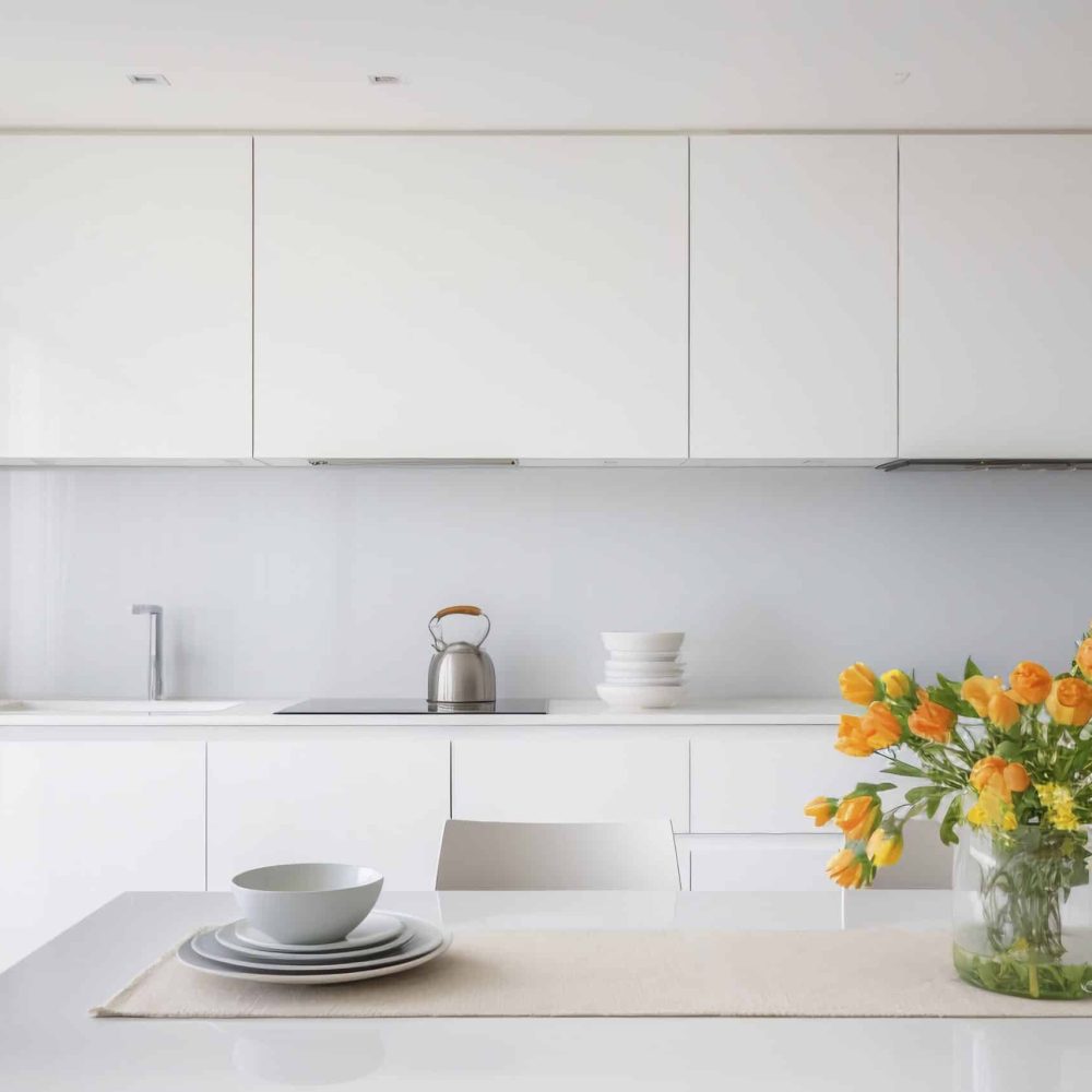 Cuisine lumineuse blanche avec un bouquet orange