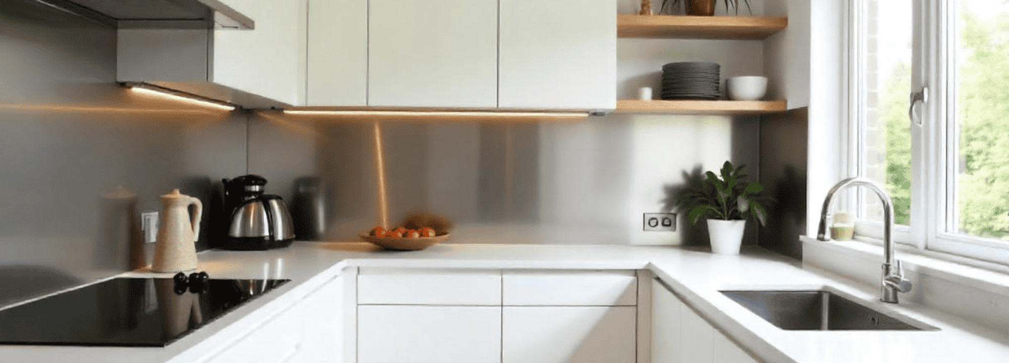 Cuisine élégante équipée d’une crédence en inox
