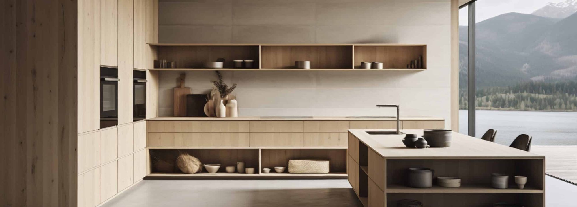 Cuisine minimaliste naturelle bois clair mur beige, sol beige.