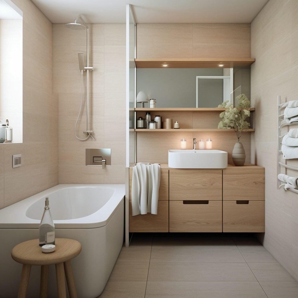 Salle de bain beige avec une simple vasque
