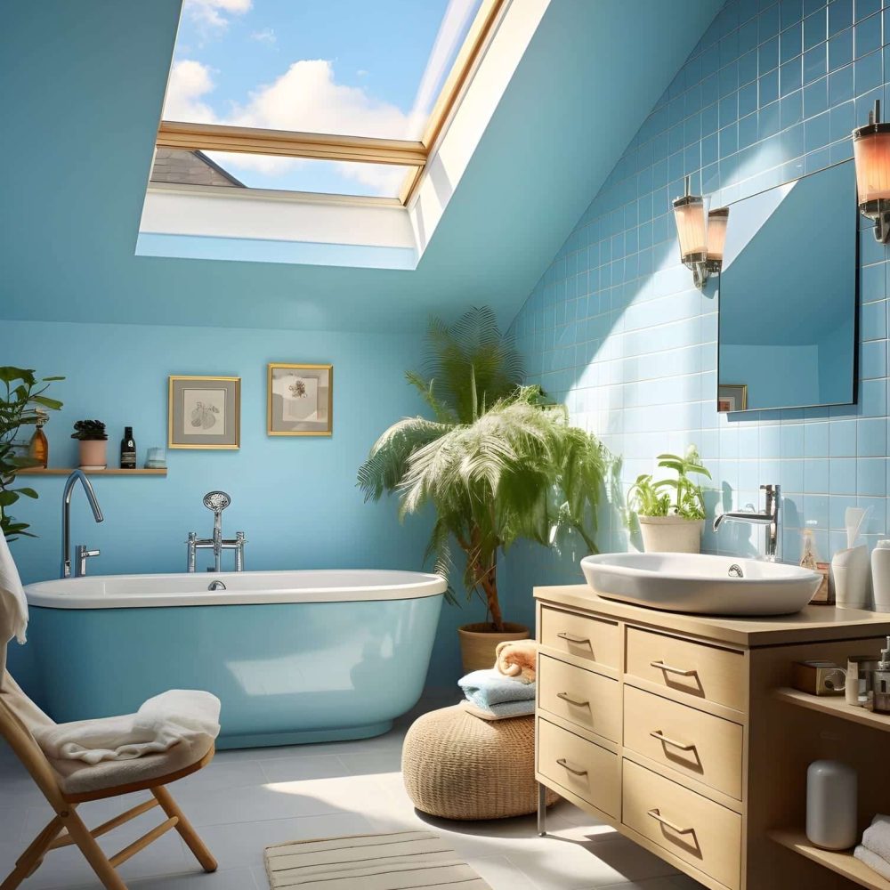 Salle de bain bleue équipée d’une simple vasque