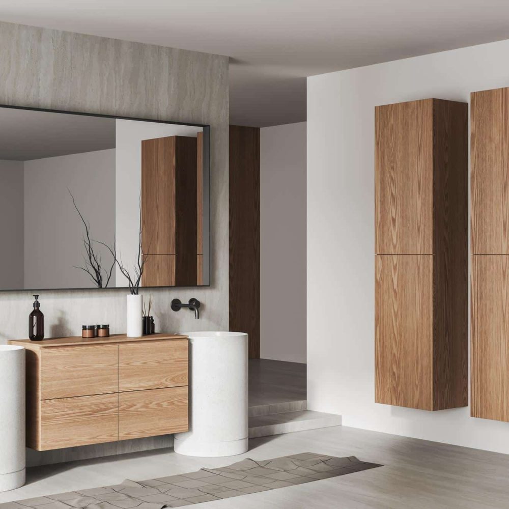 salle de bain au design contemporain équipée d’une double vasque et de meubles suspendus pour un agencement fluide et élégant