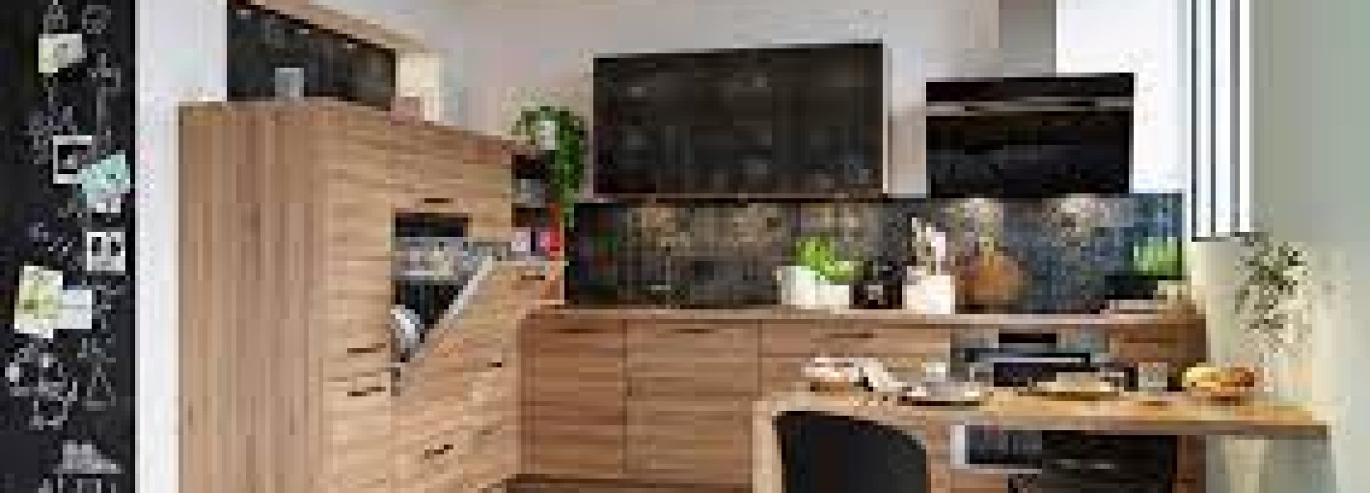 Cuisine moderne rustique en bois avec des meubles hauts noirs, combinant chaleur naturelle et élégance contemporaine.